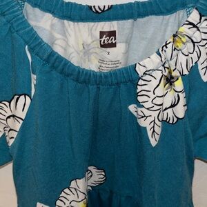 Tea Collection Teal Floral Design Dress w Cinch Sleeves, Ruffle Bottom & Pockets